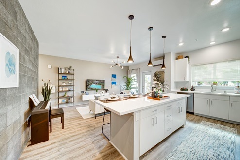 Interior Kitchen with central island and open living room