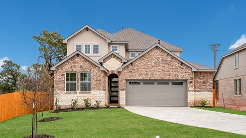 Introducing the Burrow at Hidden Lakes in McKinney, TX. This beautiful two-story home offers an impressive 2,960 sq. ft. of living space across 5 bedrooms, 3 bathrooms, and a 2-car garage. This plan includes a secondary bedroom and full bathroom downstairs at the front of the home. As you walk through the long foyer to the open layout of the home you will find the large kitchen is open to the spacious family room and dining area. The kitchen features granite or quartz countertops, decorative tile backsplash, stainless steel appliances and a large kitchen island. The main bedroom, bedroom 1, is located downstairs and features a large walk-in shower and huge walk-in closet. Upstairs you will find a large game room along with the three other bedrooms and another full bathroom. This home comes included with a professionally designed landscape package and a full irrigation system as well as our Home is Connected® base package that offers devices such as offers devices such as the Amazon Echo Pop, a Video Doorbell, Deako Smart Light Switch, a Honeywell Thermostat, and more. Images are representative of plan and may vary as built. Contact us today and find your home at Hidden Lakes.