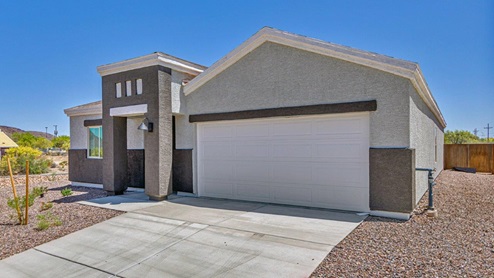 Discover the new homes at Roadrunner Estates, a serene D.R. Horton community nestled in the heart of Tucson, Arizona, where modern living meets the tranquility of nature. Situated just off Irvington Road and Camino de Oeste, this thoughtfully designed community offers an array of three-, four-, and five-bedroom homes, each crafted to provide comfort, convenience, and style. Each new home at Roadrunner Estates is equipped with an array of high-quality standard features, designed to enhance your living experience. Enjoy the benefits of professionally landscaped front and backyards with auto drip irrigation, creating a beautiful and low-maintenance outdoor space. Inside, the homes boast luxurious quartz countertops in the kitchens and bathrooms, stainless steel appliances, and wood-look flooring that brings warmth and elegance to the living spaces. With 9-foot ceilings, rounded drywall corners, hock & trowel wall texture, covered front porches and back patios, these homes are designed for both functionality and aesthetic appeal. Roadrunner Estates also includes the Home is Connected® Smart Home package, offering a suite of modern technology features such as a smart thermostat, video doorbell, keyless entry, Wi-Fi-enabled garage door opener, and energy-efficient LED lighting throughout. But what makes these homes truly special? They were meticulously finished in 2022 and exclusively rentals for a brief one-year stint. Now, we're making them available to call your forever home! This makes Roadrunner Estates Tucson's most centrally located and irresistible community. The community itself offers a tranquil and inviting atmosphere, complete with a neighborhood park, private backyards enclosed by modern rustic fencing, and stunning views of the surrounding mountains. The Spanish lace stucco exteriors add to the charm and durability of these homes, making them a lasting investment. Roadrunner Estates is ideally located at the base of Tucson Mountain Park, offering easy access to a variety of outdoor activities, including hiking and biking trails. The nearby Gates Pass Overlook is a local favorite for watching sunsets, while the Arizona-Sonora Desert Museum, Old Tucson, and San Xavier Church provide rich cultural and historical experiences. For your daily needs, the thriving Tucson Spectrum Shopping Center is just minutes away, offering a variety of shopping, dining, and entertainment options. Other nearby amenities include Casino del Sol, Manzanita Park with its pool and splash pad, and Desert Sports Fitness. The community’s proximity to Tucson International Airport, Davis-Monthan Air Force Base, and major employers makes it an ideal location for those seeking a balanced lifestyle. Experience the best of Tucson living at Roadrunner Estates, where your new home offers a perfect blend of modern convenience, aesthetic appeal, and natural beauty.