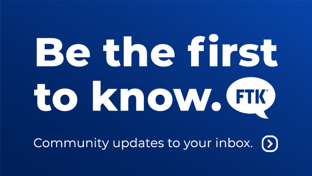 Be the first to know. Community updates to your inbox. White lettering, blue background.