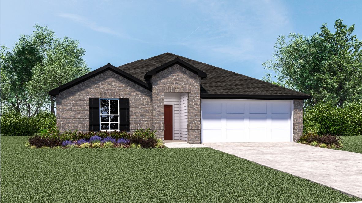 Single-story home rendering with two-car garage.
