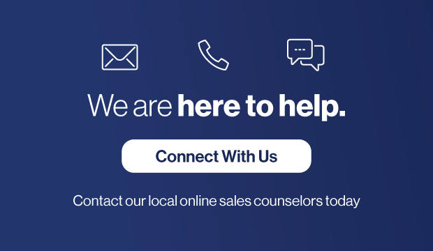 We are here to help. Connect with us. Contact our local online sales counselors today. Email icon, phone icon, and text icon at the top. Blue backgroud.