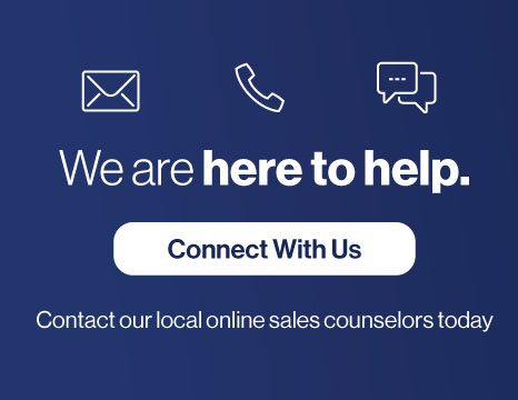 We are here to help. Connect with us. Contact our local online sales counselors today. Blue background. Email, phone, and text icons.