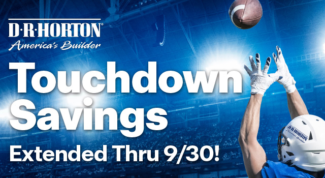 Background Football stadium with flashing lights, White lettering Touchdown Savings Extended Thru 9/30