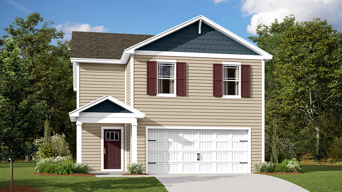 A rendering of the Pine model with tan siding and maroon shutters.