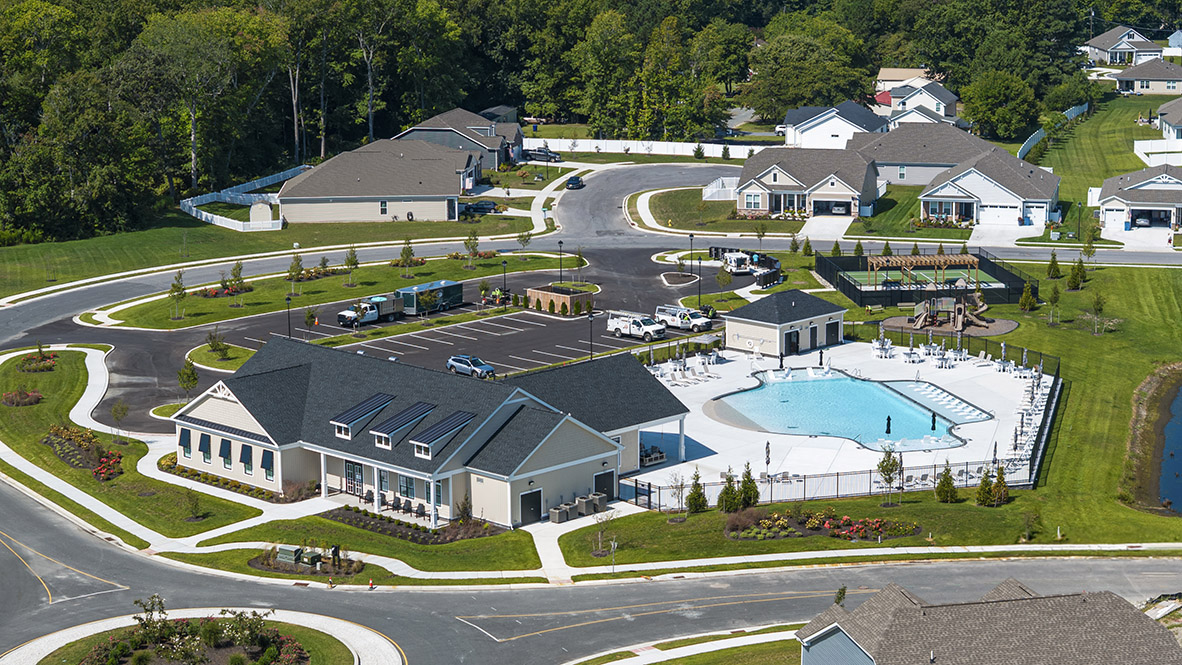 Coastal Villages aerial of the clubhouse and amenities.