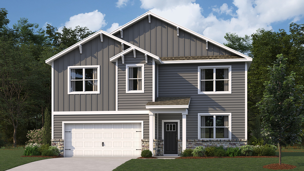 A rendering of a two-story Hayden home with gray siding.