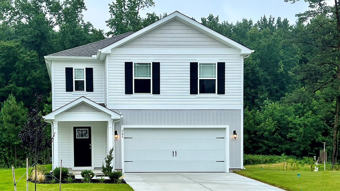 A rendering of a two-story Elm home with white siding.