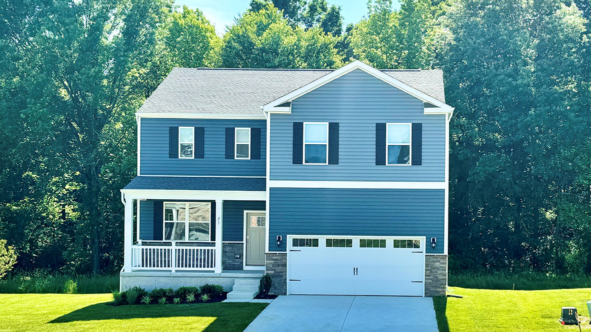 A rendering of a two-story Galen home with blue siding and black shutters.