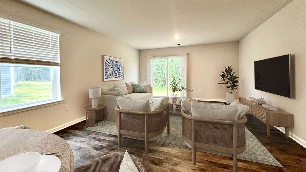 The kitchen flows perfectly into the sizeable living room.