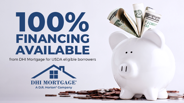 100% Financing available from DHI Mortgage for U.S.D.A. eligible borrowers. Piggy bank. DHI logo.