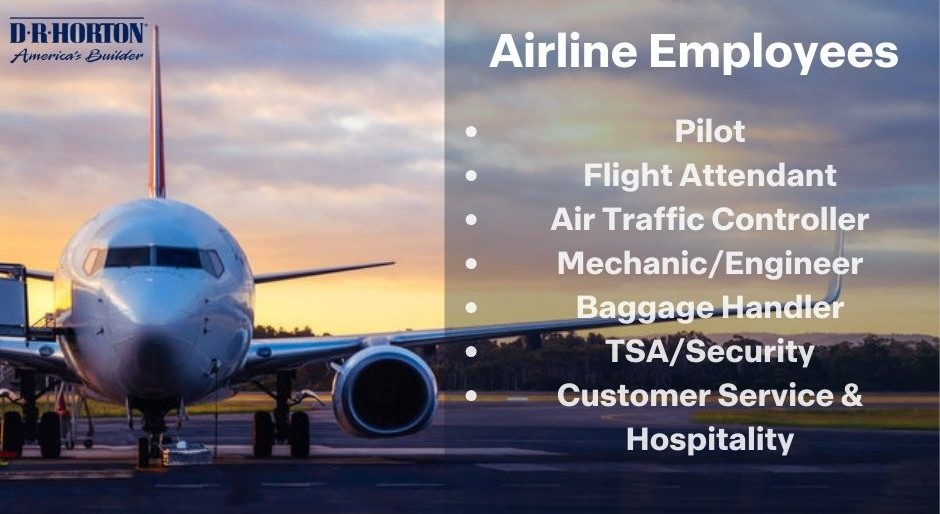 Airline Employees. Bulleted list: Pilot, flight attendant, air traffic controller, mechanic/engineer, baggage handler, TSA/security, customer service and hospitality. Image of a commercial airplane.