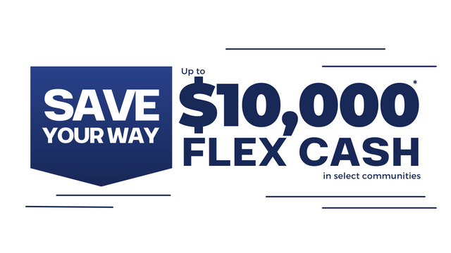 White background with blue words that say Save Your Way. $10,000 FLEX CASH