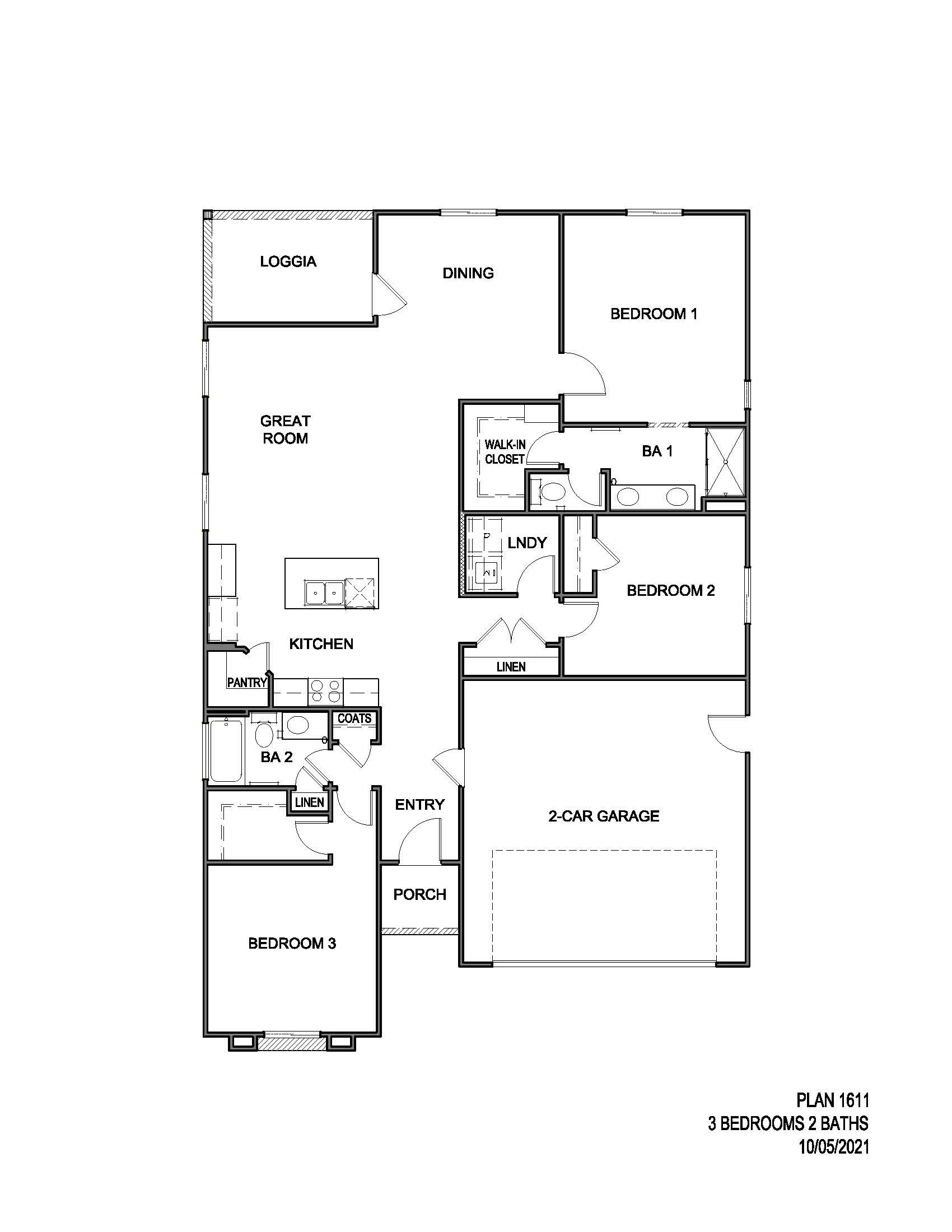 Single floor floorplan 1611 with 3 bedrooms 2 bathrooms