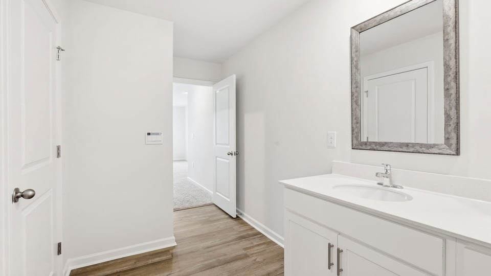 Bathroom with double vanity sink.