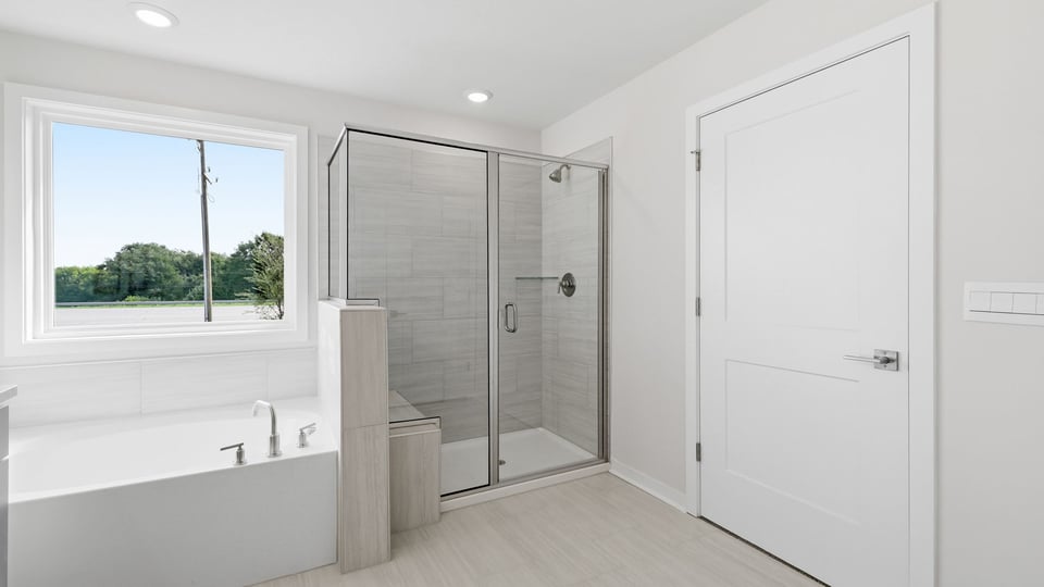 Bathroom with walk in shower and closet.