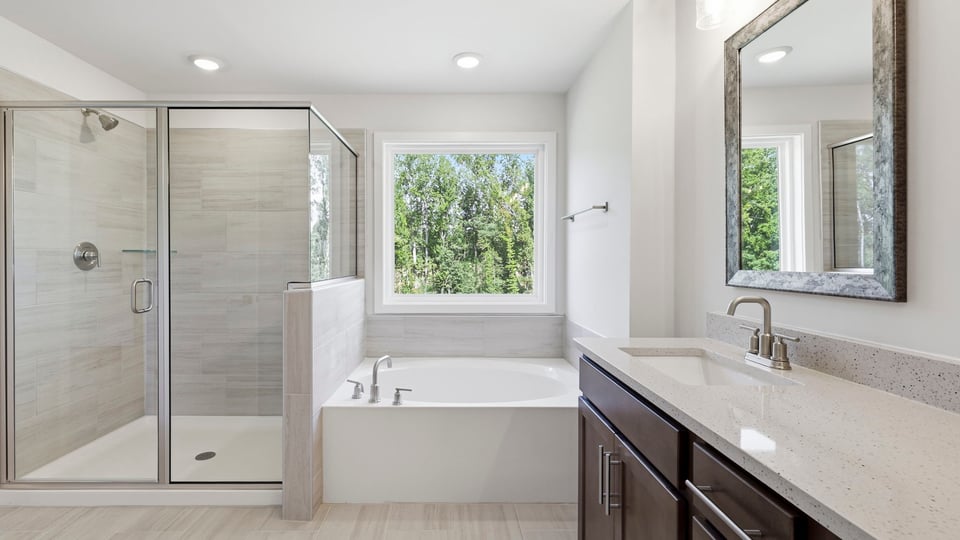 Bathroom with walk in shower and bathtub.