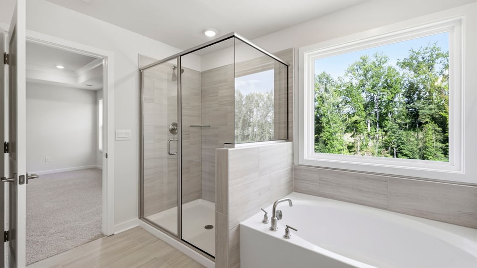 Bathroom with walk in shower and bathtub.