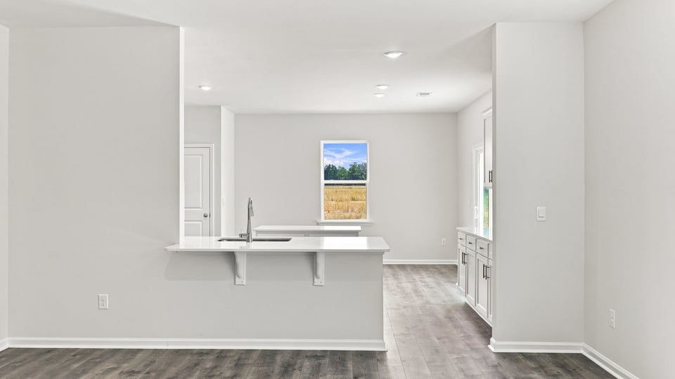Kitchen and island with quartz countertops.