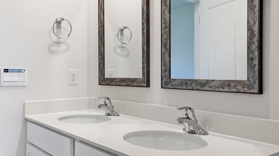 Bathroom with double vanity sink.