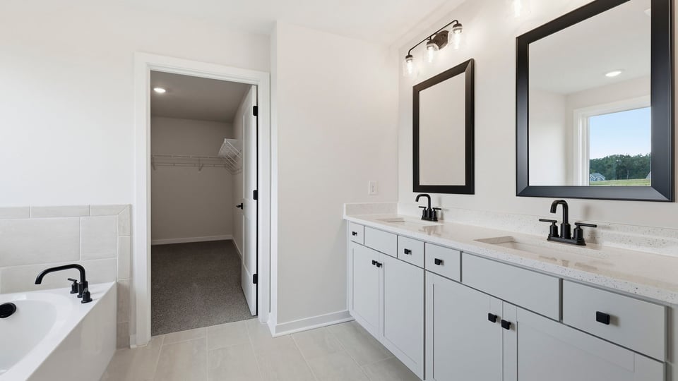 Bathroom with double vanity sink and bathtub.
