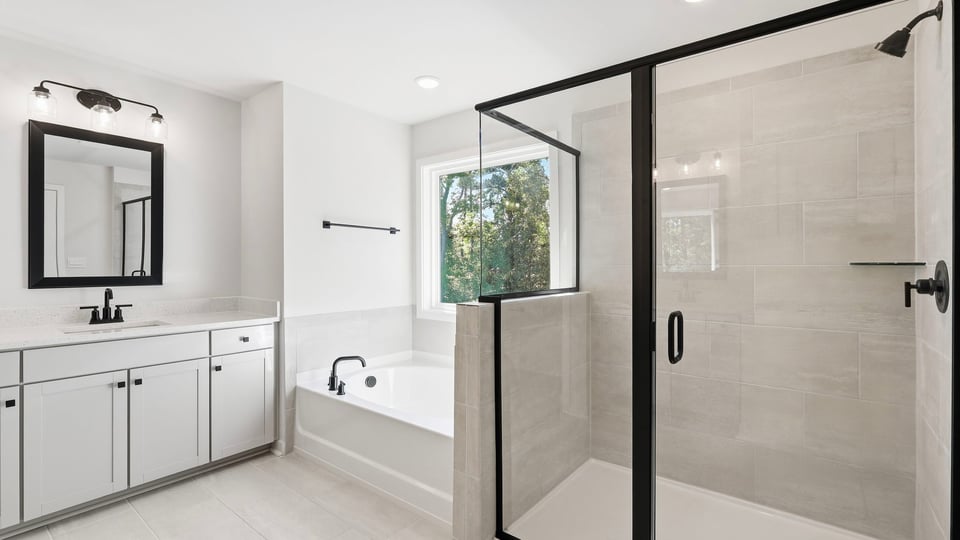 Bathroom with walk in shoer.