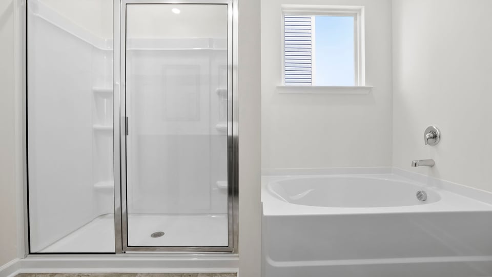 Primary bathroom with double vanity sinks.
