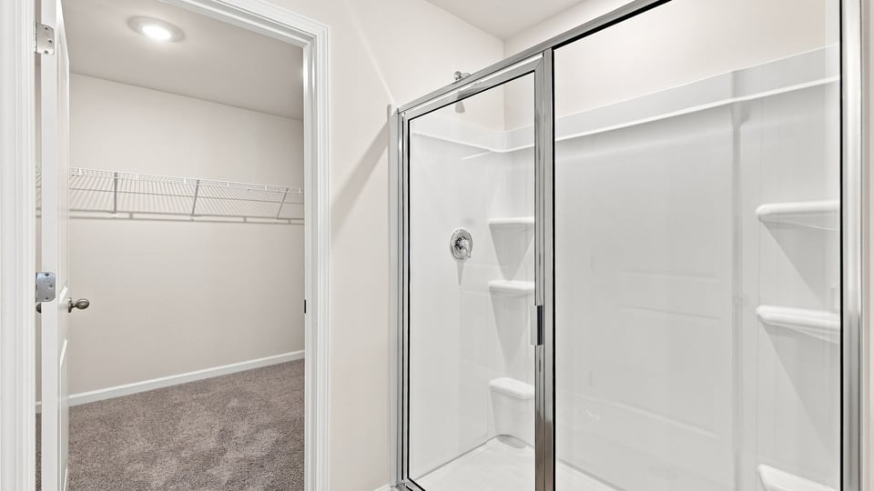 Bathroom with walk in closet and shower.