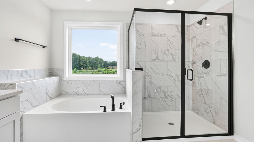 Bathroom with walk in shower and bathtub.