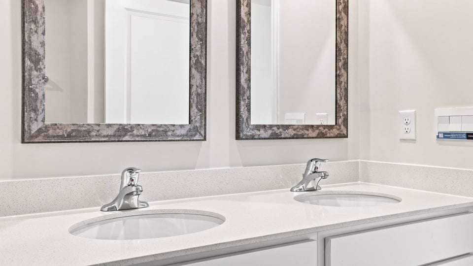 Bathroom with double vanity sink.