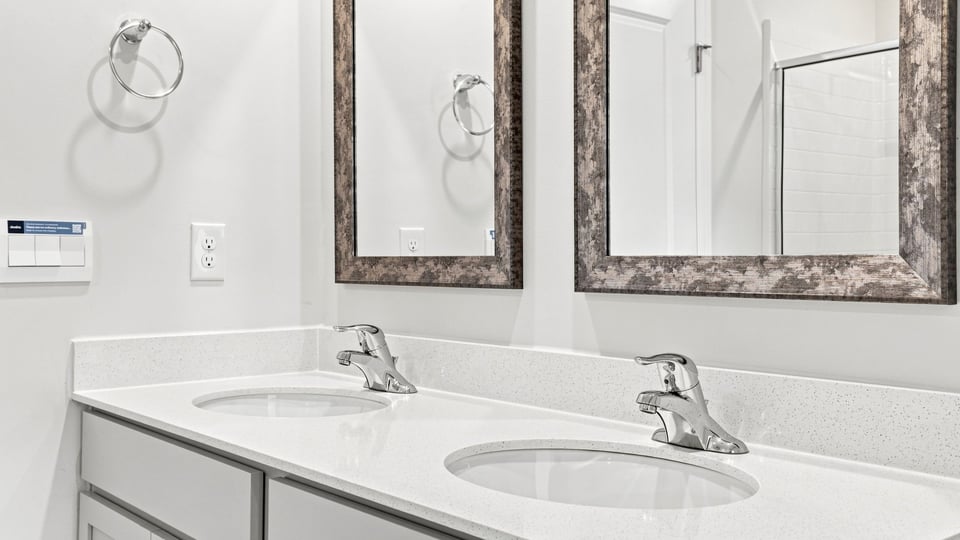 Bathroom with double vanity sink.