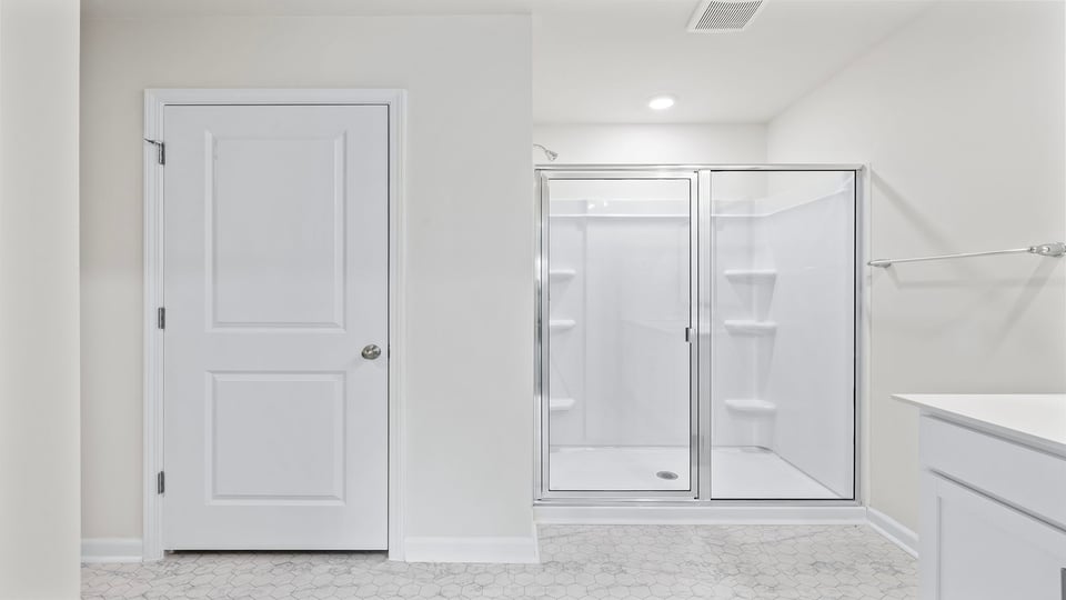 Bathroom with vanity and walk in shower.