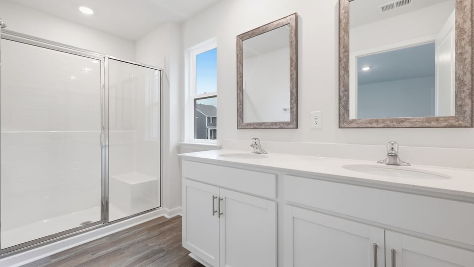 Bathroom with double vanity sink.
