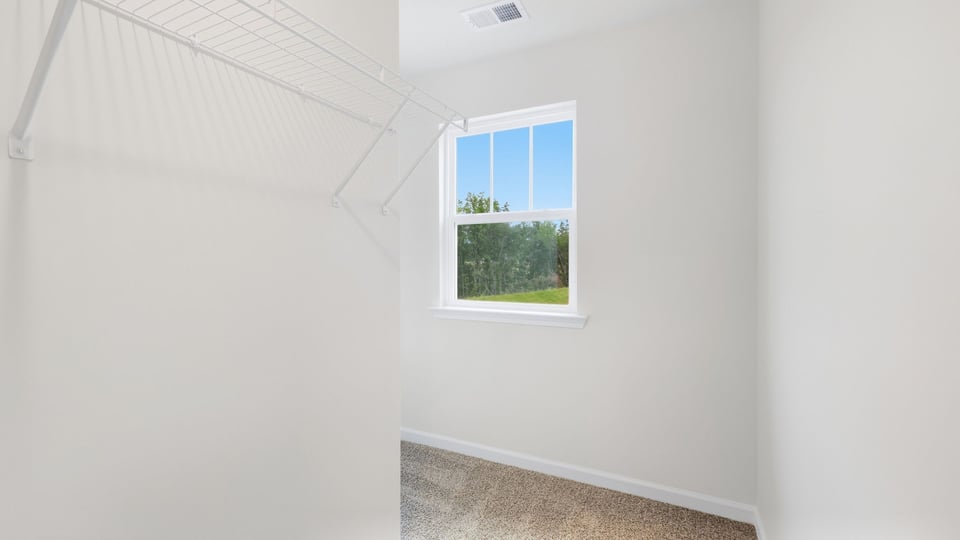 Walk in closet with carpet andn window.