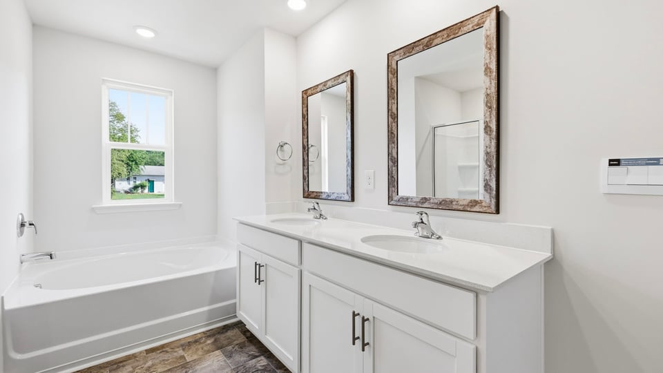 Bathroom with double vanity sink.