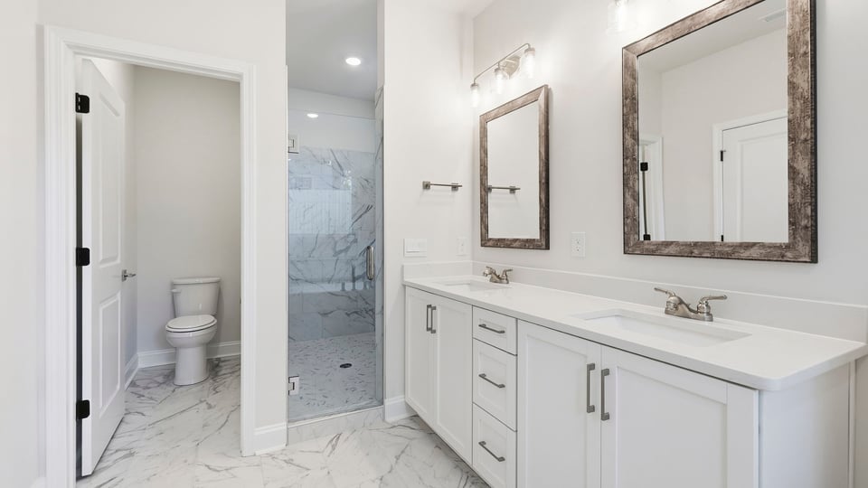Bathroom with double vanity sink.