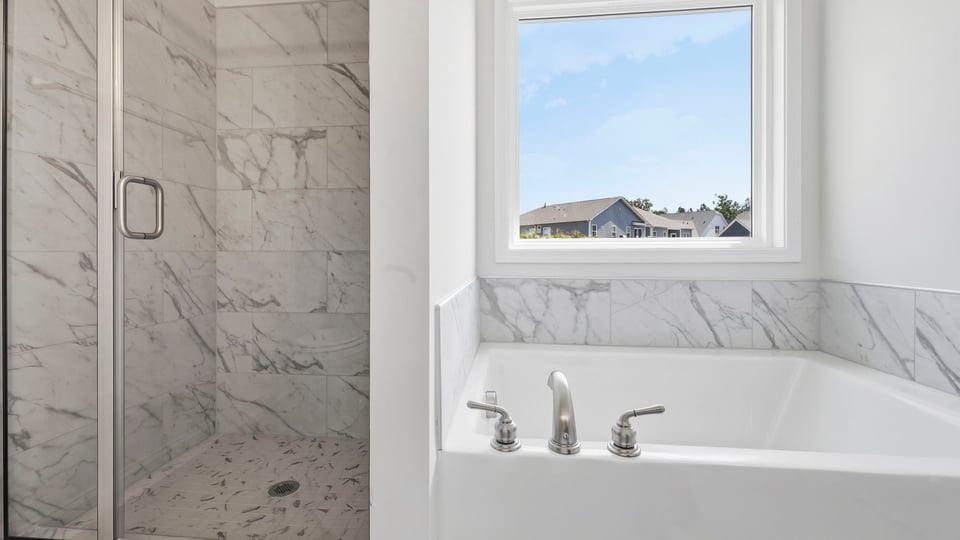 Bathroom with walk in shower and bathtub.