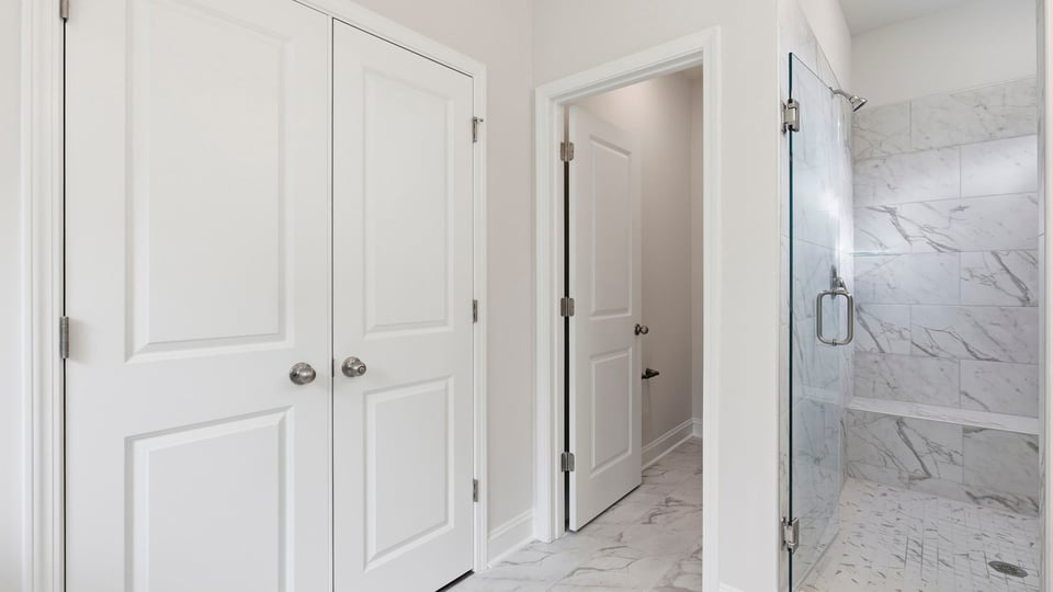 Bathroom with walk in closet and shower.