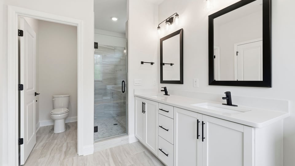 Bathroom with double vanity sink.