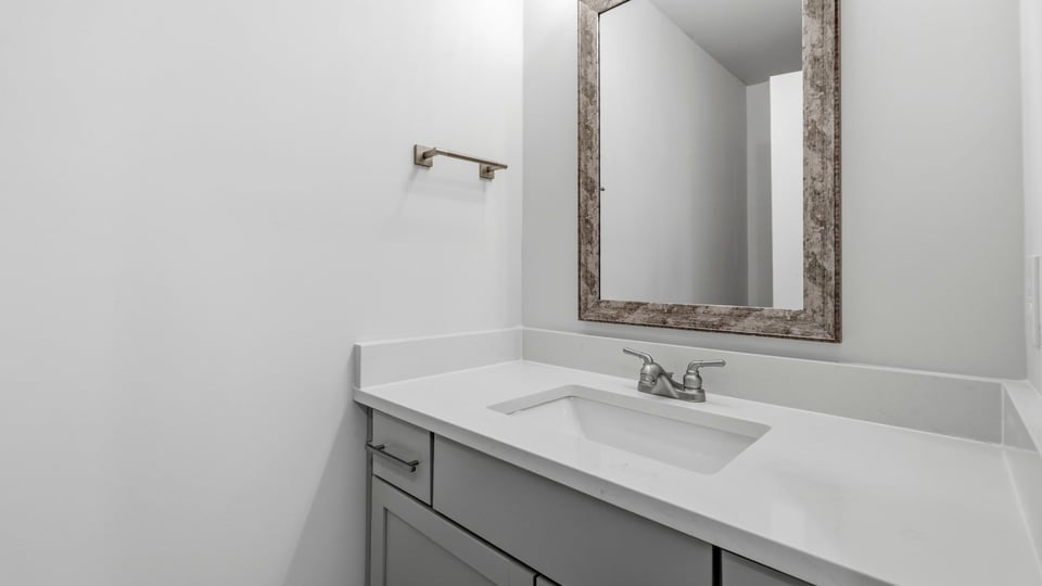 Bathroom with double vanity sink.