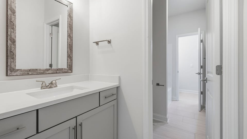 Bathroom with double vanity sink.