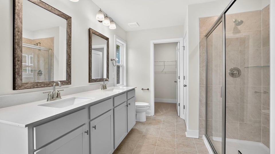 Bathroom with double vanity sink.