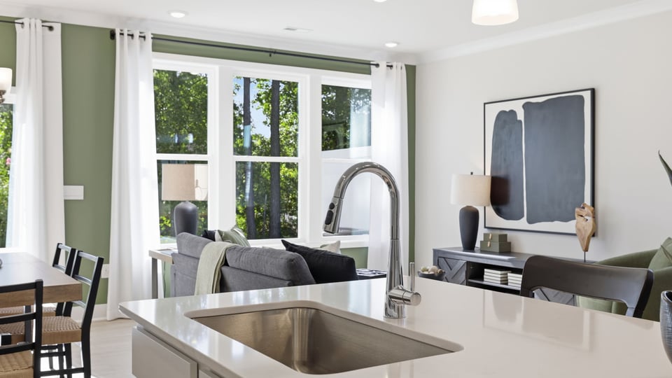 Kitchen with large island and countertops.