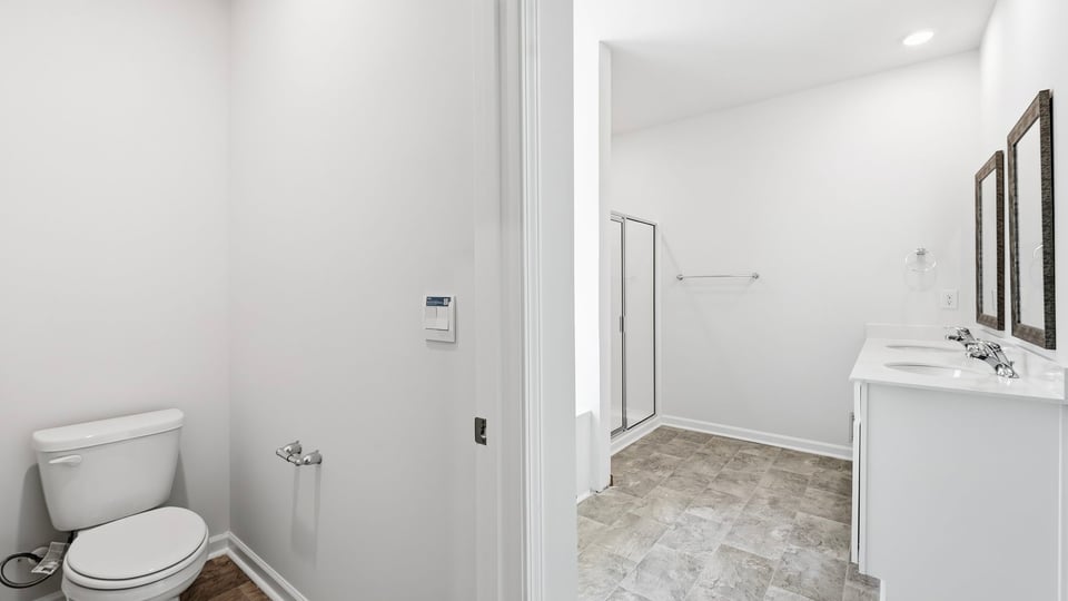 Bathroom with double vanity sink.