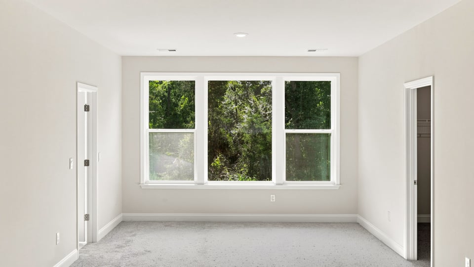 Primary bedroom with carpet and windows.