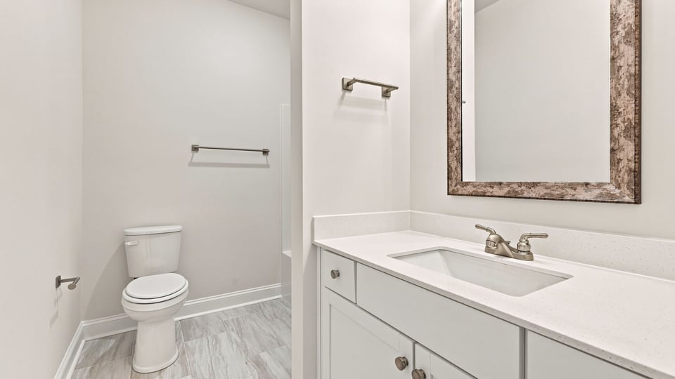 Bathroom with single vanity sink.