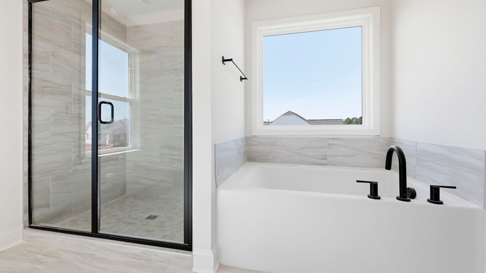 Bathroom with walk in shower and bathtub.