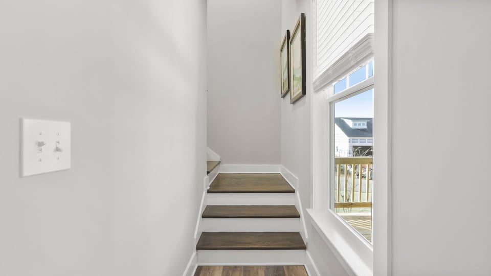 Stairs with carpet and window.