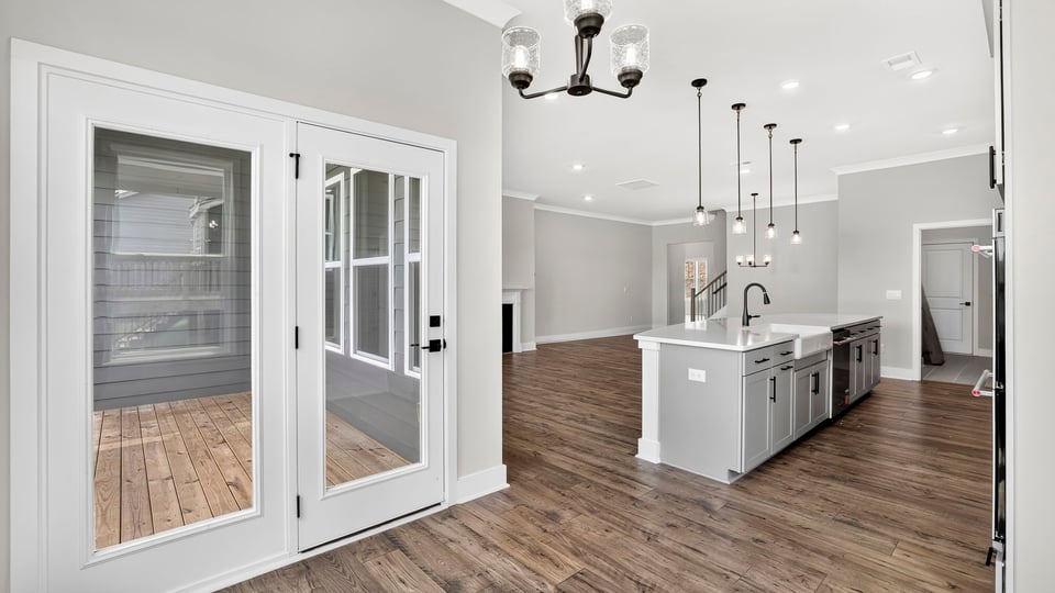 Dining area with view of kitchen.