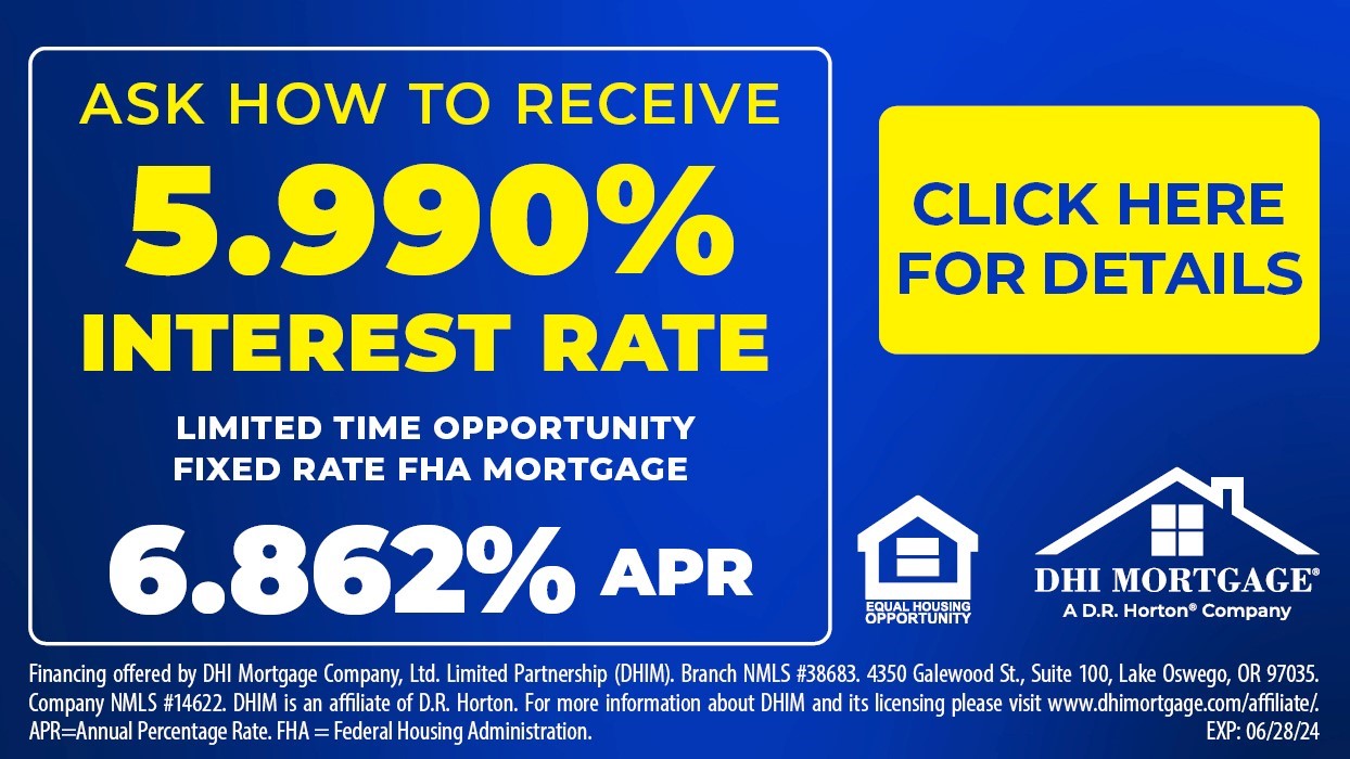 Blue background with yellow and whiter lettering "Ask how to receive 5.990% interest rate. Limited time opportunity fixed rate fha mortgage 6.862% apr. Click here for details